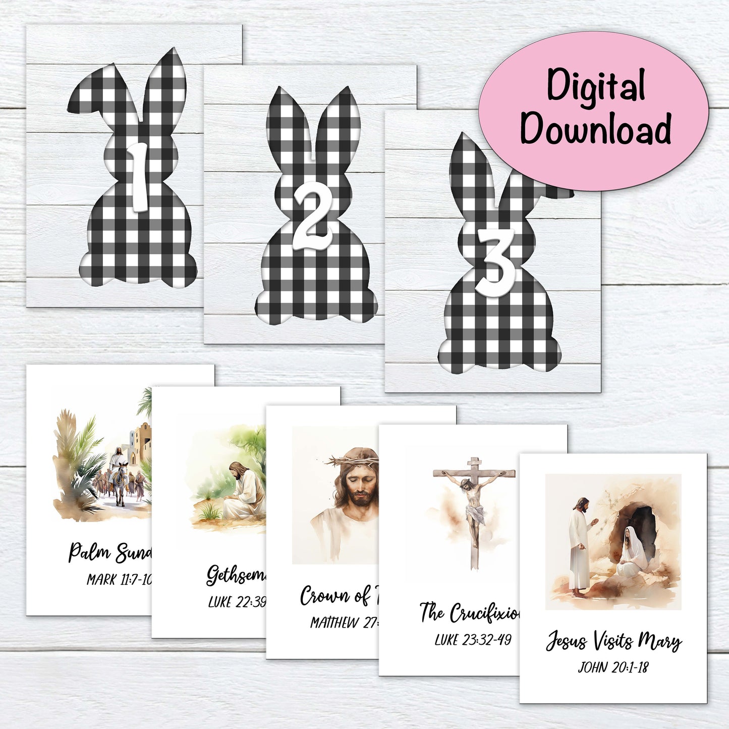 Christ Centered Easter Advent | 11 Days of Scriptures & Christ Images | Black & White Farmhouse Bunny